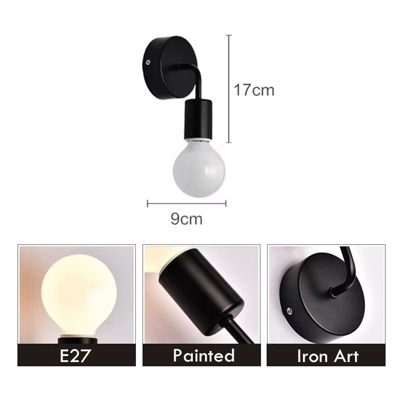 Nordic Modern Iron Wall Lamp in Black Finish - E27 Indoor Lighting Fixture for Bedroom, Bathroom, and Industrial Decor