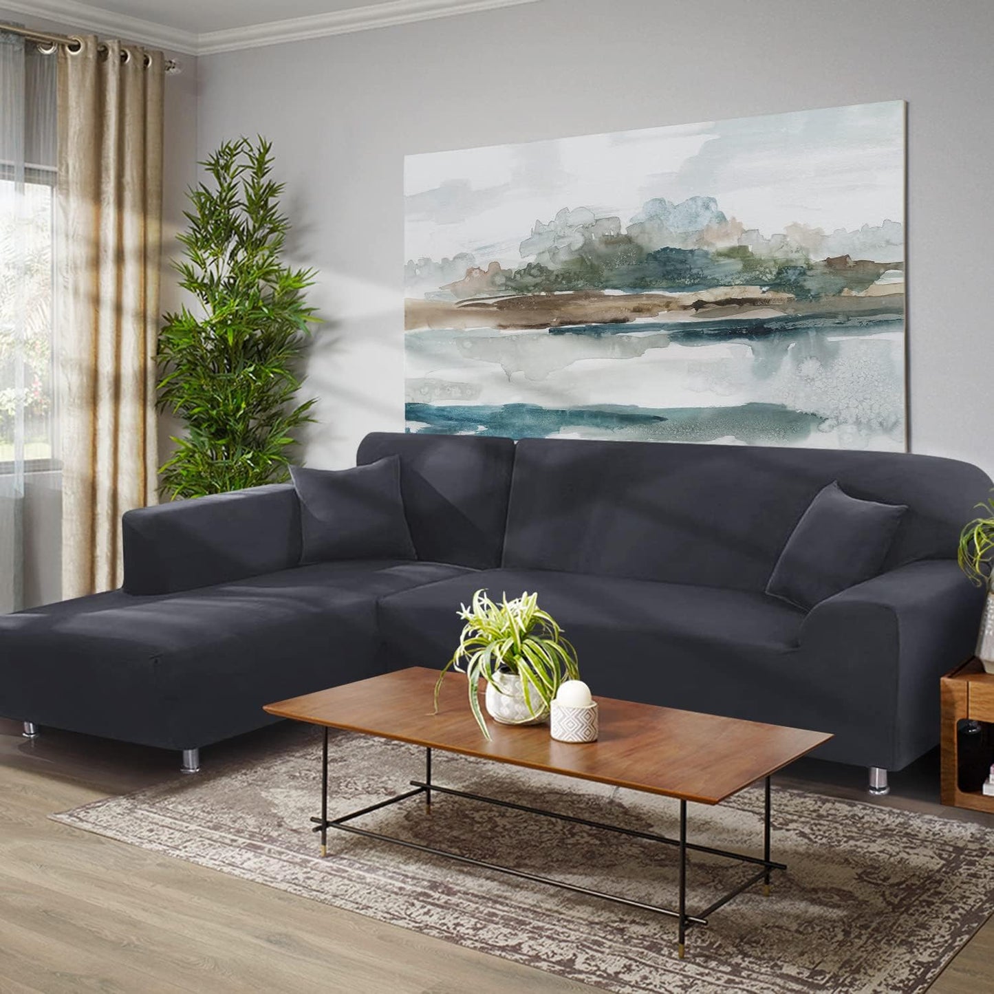 Sectional Couch Covers 2Pcs L-Shaped Sofa Covers Softness Furniture Slipcovers with 2Pcs Pillowcases L-Type Polyester Fabric Stretch Couch Covers 3 Seater + 3 Seater (Dark Gray)