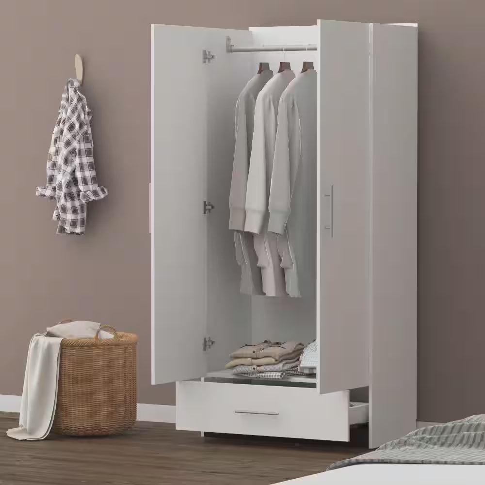 White 2-Door Wardrobe Armoire with Drawer and Hanging Rod, Dimensions: 66.9" H x 31.5" W x 18.9" D