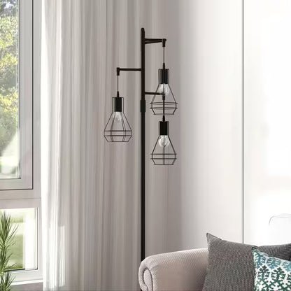 65-Inch 3-Light Black Farmhouse Industrial Tree Floor Lamp with Elegant Cage Shades