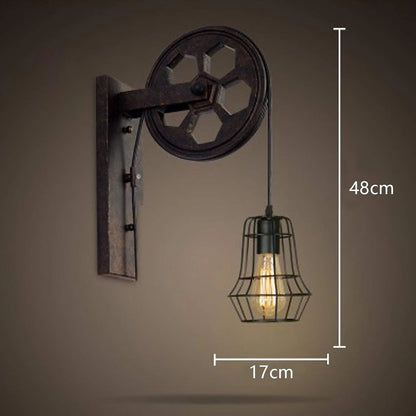 Industrial Vintage Wall Sconce with Lift Pulley and Iron Cage Lampshade for Indoor Illumination