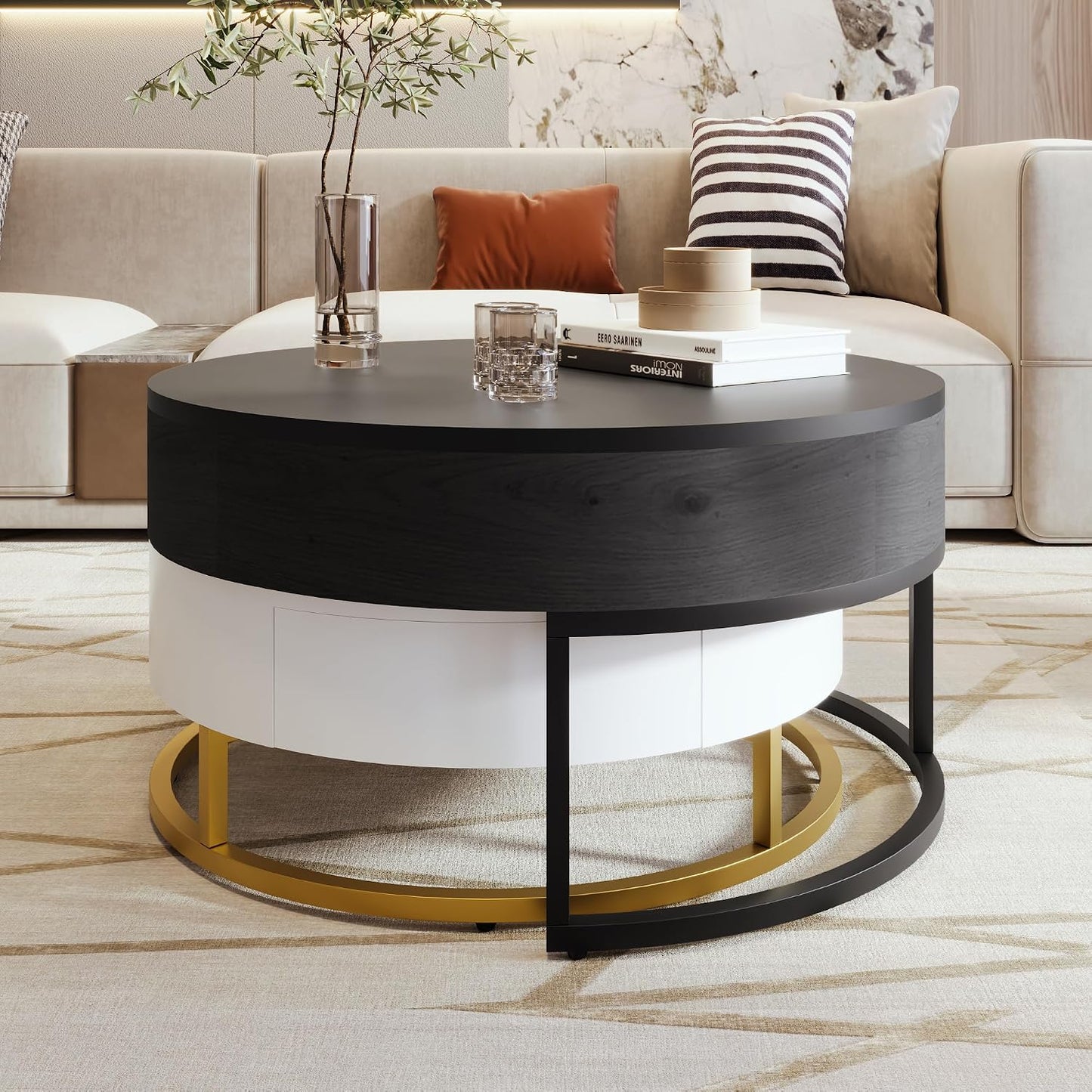 Lift-Top Nesting Coffee Table with Hidden Drawers and Adjustable Storage Shelf, Contemporary Living Room Furniture
