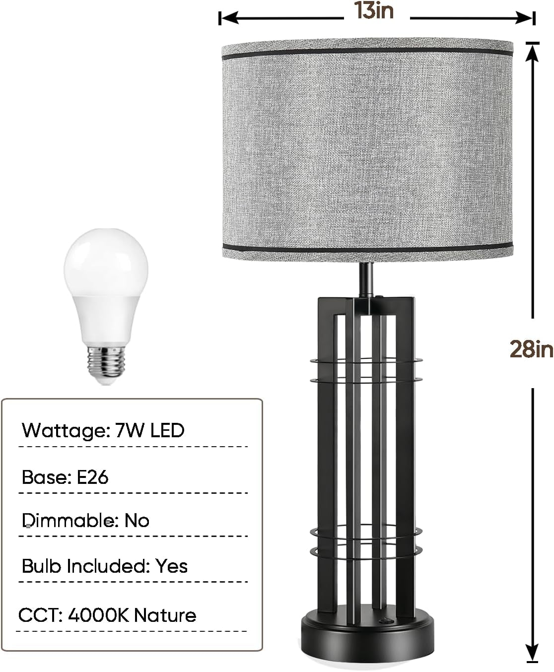 27In Tall Table Lamps for Living Room Button Control Farmhouse Rustic Table Lamps Set of 2 Sidetable Lamps Black&Grey Bedroom Lamps for Bedside Nightstand End Table 2025 New