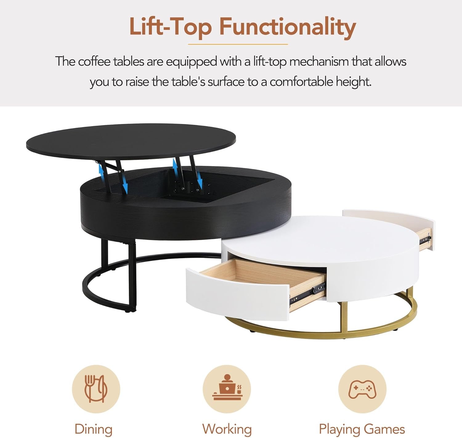 Lift-Top Nesting Coffee Table with Hidden Drawers and Adjustable Storage Shelf, Contemporary Living Room Furniture