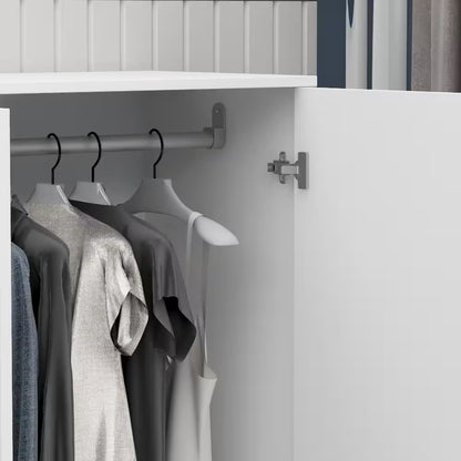 White 2-Door Wardrobe Armoire with Drawer and Hanging Rod, Dimensions: 66.9" H x 31.5" W x 18.9" D