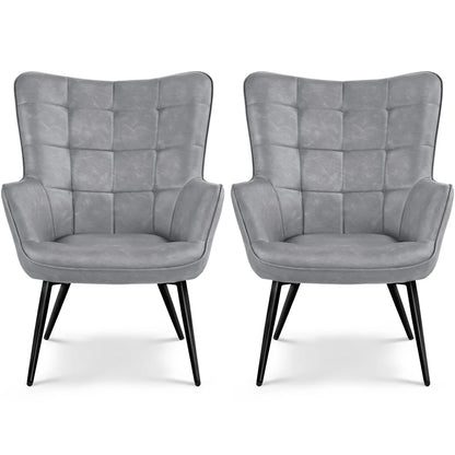 Mid-Century Modern Faux Leather Wingback Accent Chair, Set of 2, Gray