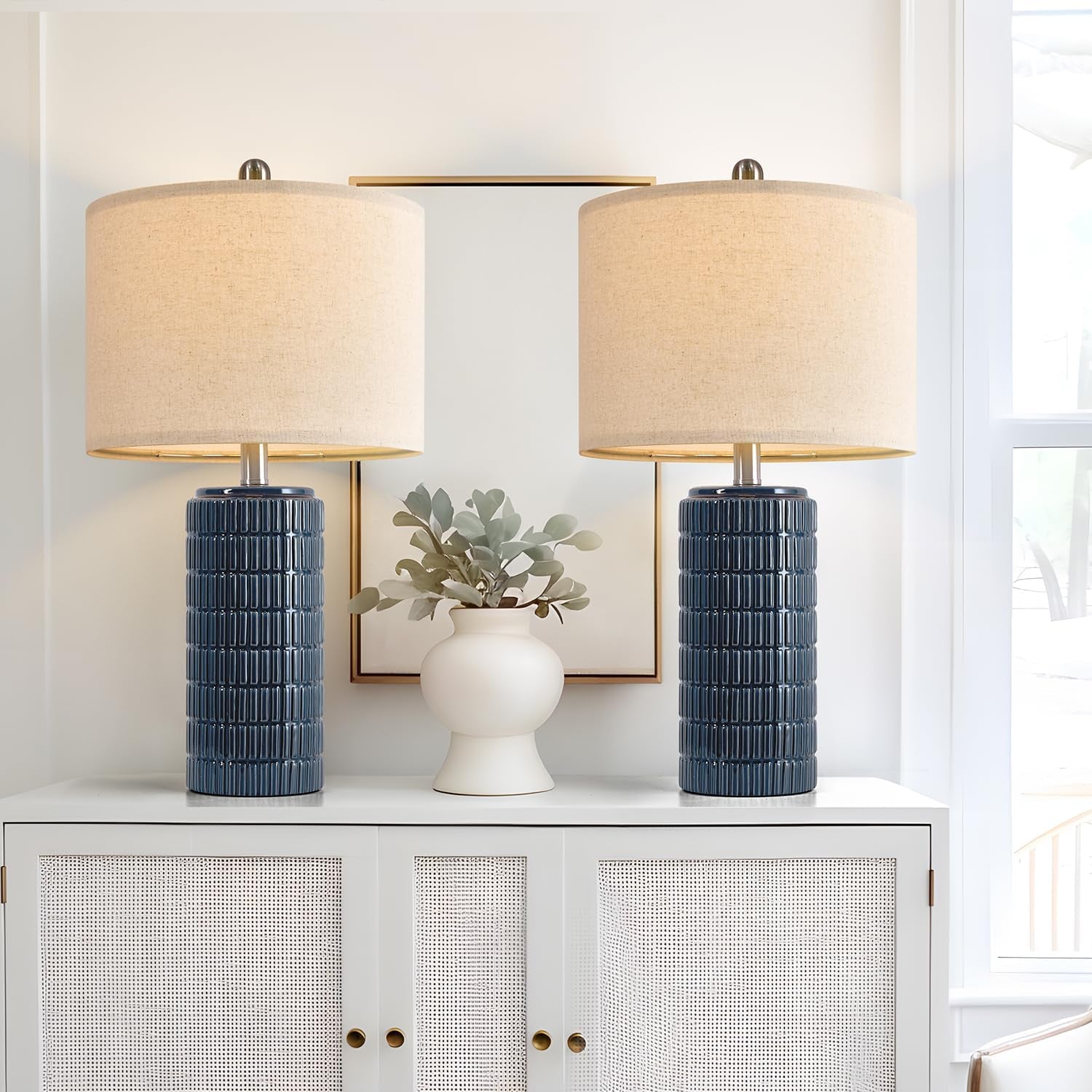 23" Blue Table Lamps, Farmhouse Bedside Lamps for Bedroom Set of 2, Ceramic End Table Lamps for Living Room, Traditional Nightstand Desk Lamps, Medium