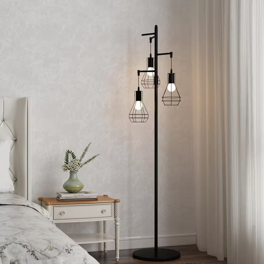 65-Inch 3-Light Black Farmhouse Industrial Tree Floor Lamp with Elegant Cage Shades