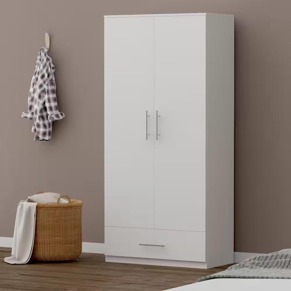 White 2-Door Wardrobe Armoire with Drawer and Hanging Rod, Dimensions: 66.9" H x 31.5" W x 18.9" D