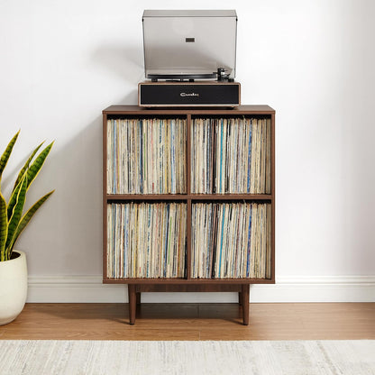 Liam Mid-Century Modern Vinyl Record Storage Media Stand with 4 Cubes, Walnut Finish
