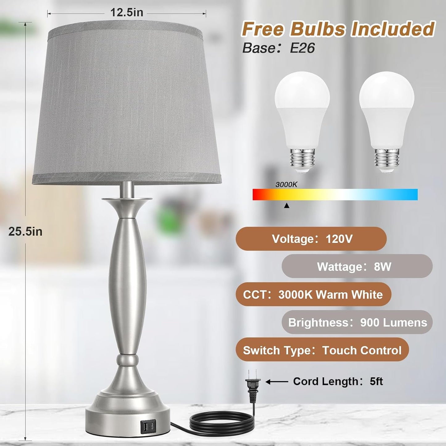 25.5" Touch Bedside Lamps for Nightstand Set of 2 - Bedroom Lamps with USB C+A, 3 Way Dimmable Nightstand Lamps, Brushed Nickel Table Lamps for Living Room (Bulbs Included)