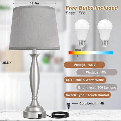 25.5" Touch Bedside Lamps for Nightstand Set of 2 - Bedroom Lamps with USB C+A, 3 Way Dimmable Nightstand Lamps, Brushed Nickel Table Lamps for Living Room (Bulbs Included)