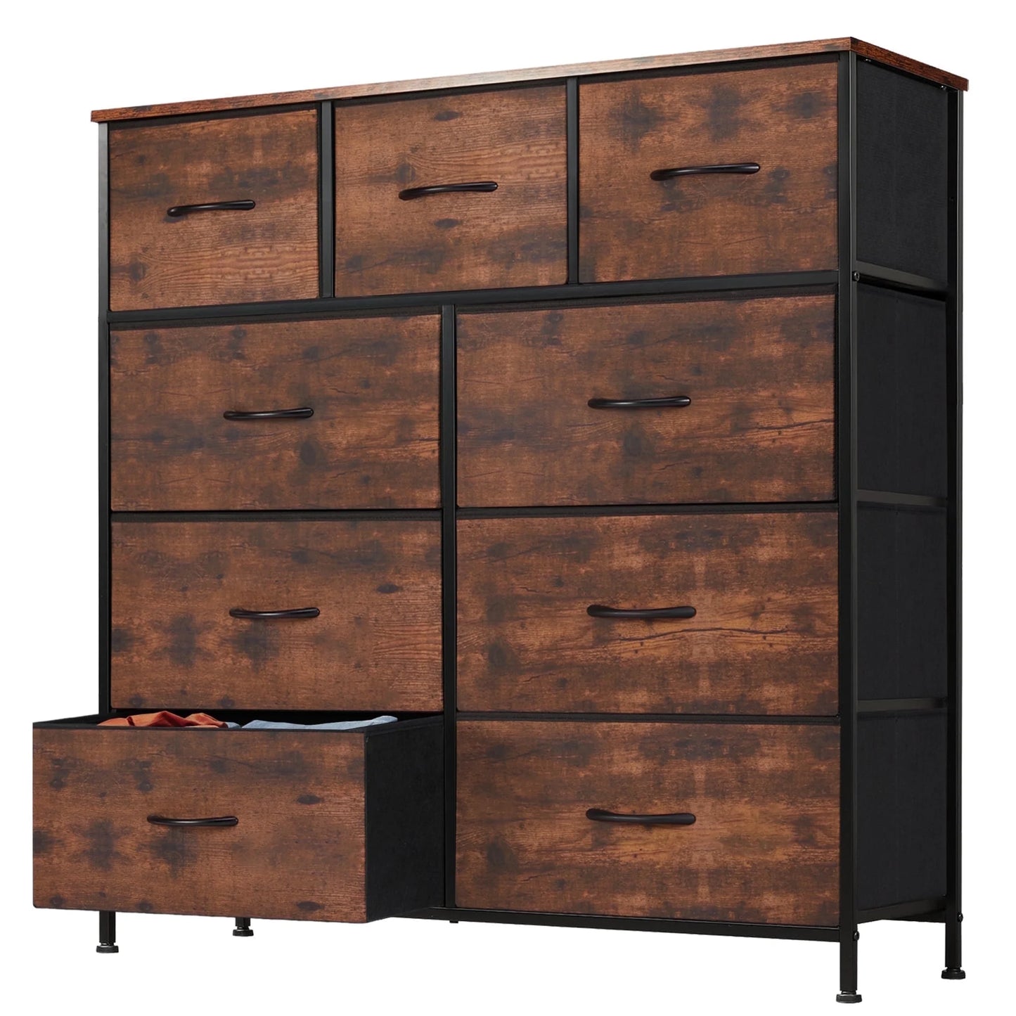 6 Drawer Dresser, Wide Chest of Drawers Nightstand Storage Tower Storage Fabric Dresser with Wood Top for Living Room, Bedroom, Hallway, Black