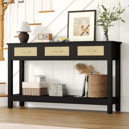 Black Rattan Console Table with Three Drawers - Modern Narrow Entryway Sofa Table for Living Room, Hallway, and Foyer Storage Decor