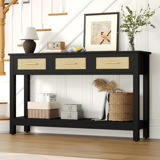 Black Rattan Console Table with Three Drawers - Modern Narrow Entryway Sofa Table for Living Room, Hallway, and Foyer Storage Decor
