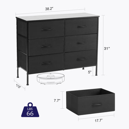 6 Drawer Dresser, Wide Chest of Drawers Nightstand Storage Tower Storage Fabric Dresser with Wood Top for Living Room, Bedroom, Hallway, Black