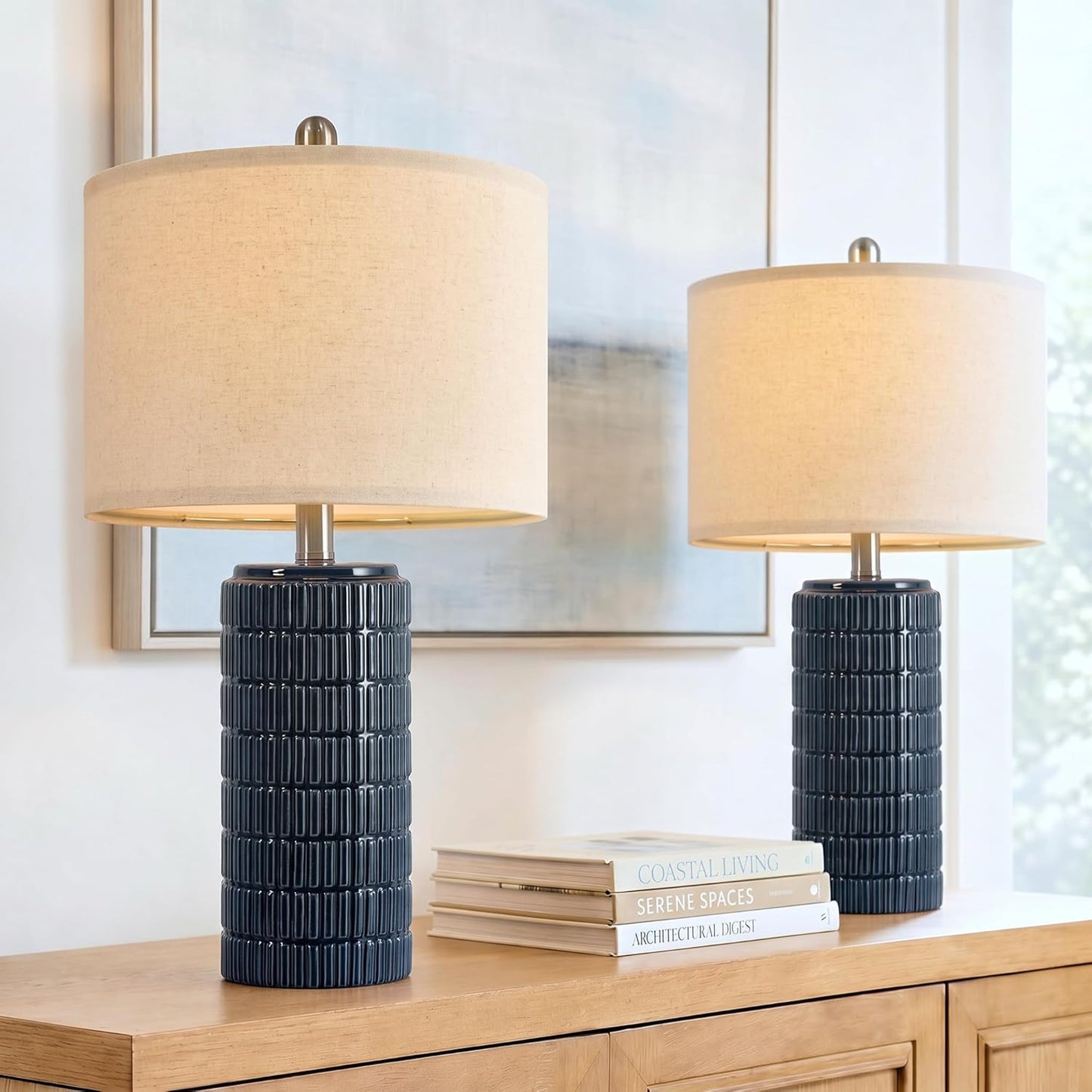 23" Blue Table Lamps, Farmhouse Bedside Lamps for Bedroom Set of 2, Ceramic End Table Lamps for Living Room, Traditional Nightstand Desk Lamps, Medium