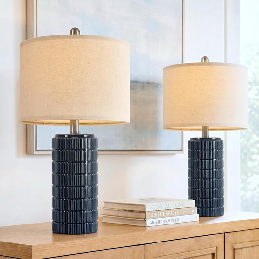 23" Blue Table Lamps, Farmhouse Bedside Lamps for Bedroom Set of 2, Ceramic End Table Lamps for Living Room, Traditional Nightstand Desk Lamps, Medium