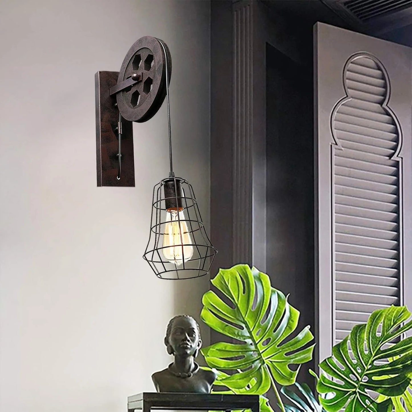 Industrial Vintage Wall Sconce with Lift Pulley and Iron Cage Lampshade for Indoor Illumination