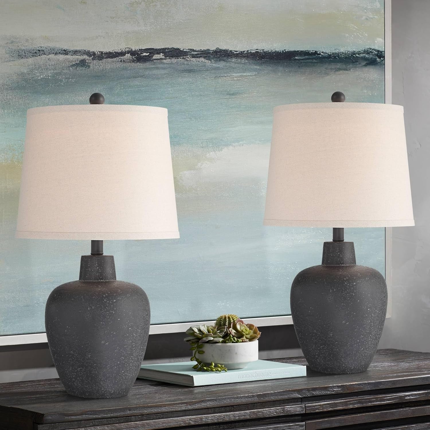 Romeo 23 1/2" High Jar Small Modern Coastal Accent Table Lamps Set of 2 Stone Gray Finish Fabric Beige Shade Living Room Bedroom Bedside Nightstand House Office Home Reading Kitchen