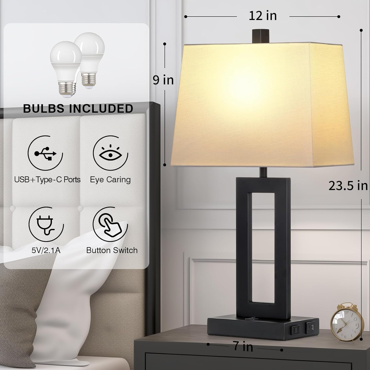 Table Lamp Set of 2 with USB C+A Ports & AC Outlet, Bedside Lamps, Modern Bedroom Lamps, Black Lamps for Bedroom Living Room,Nightstand Lamp（Push Button Swich/No Dimming