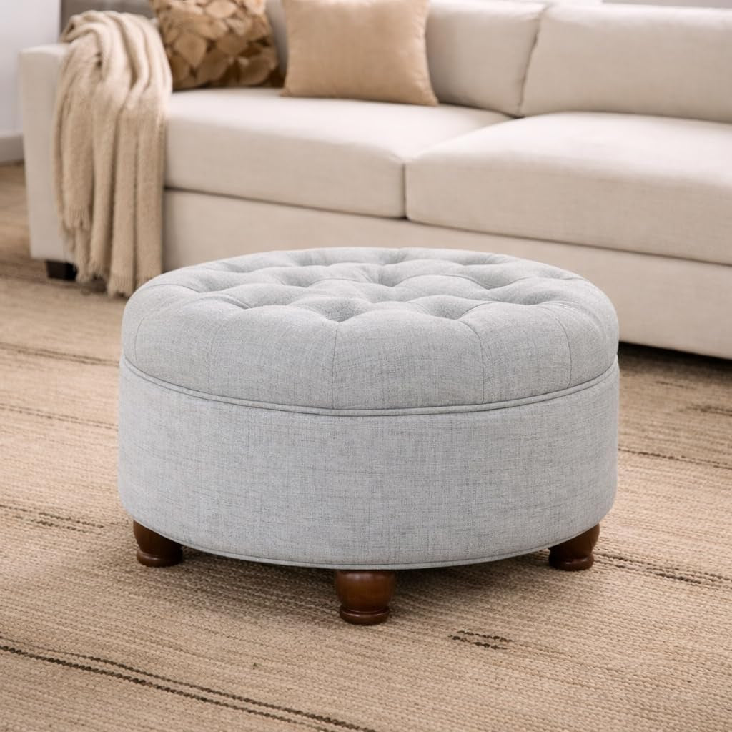 25" Button Tufted round Storage Ottoman - Light Blue