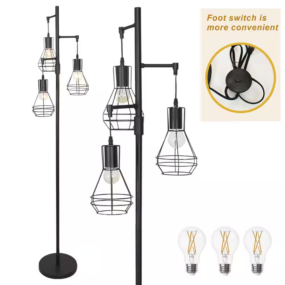 65-Inch 3-Light Black Farmhouse Industrial Tree Floor Lamp with Elegant Cage Shades