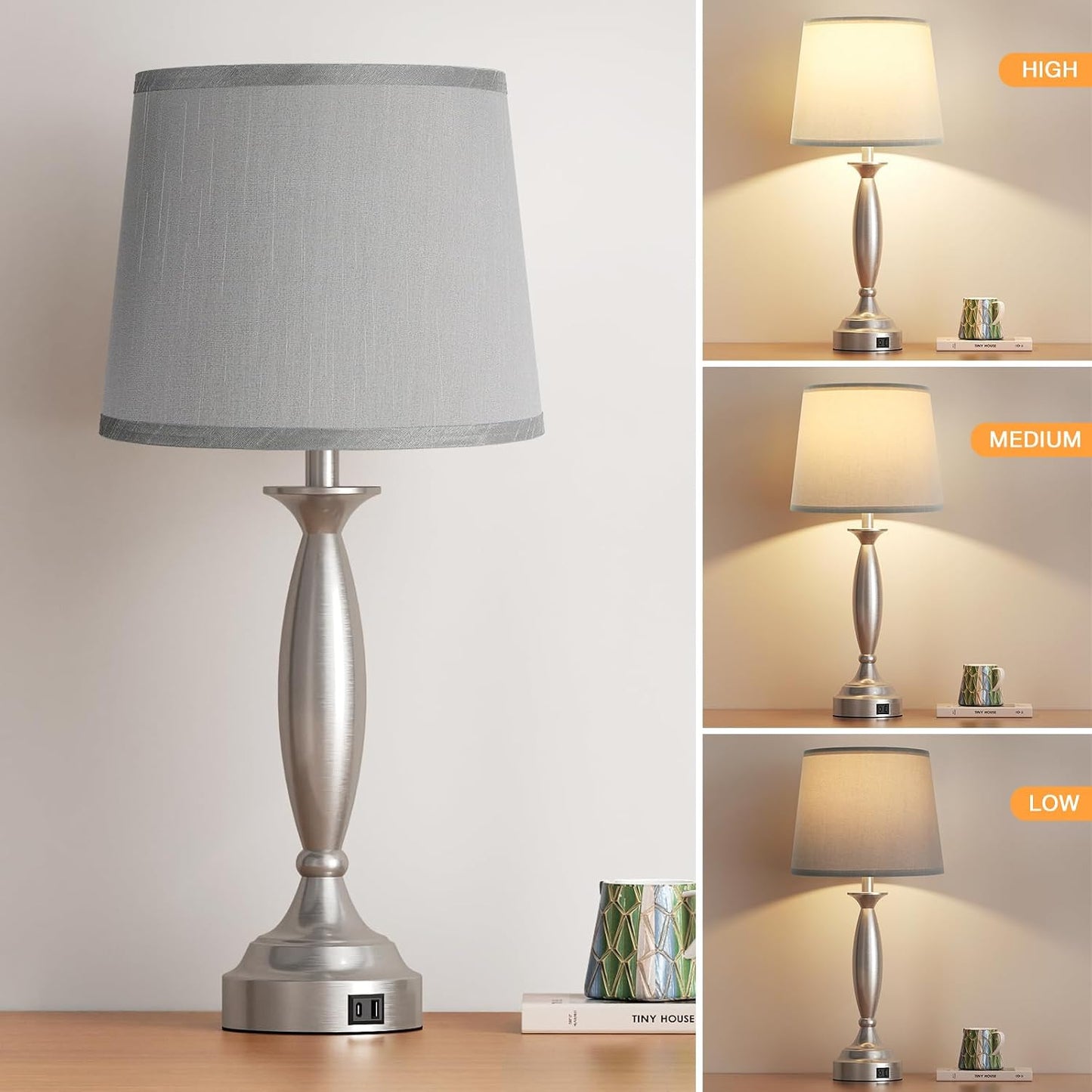25.5" Touch Bedside Lamps for Nightstand Set of 2 - Bedroom Lamps with USB C+A, 3 Way Dimmable Nightstand Lamps, Brushed Nickel Table Lamps for Living Room (Bulbs Included)