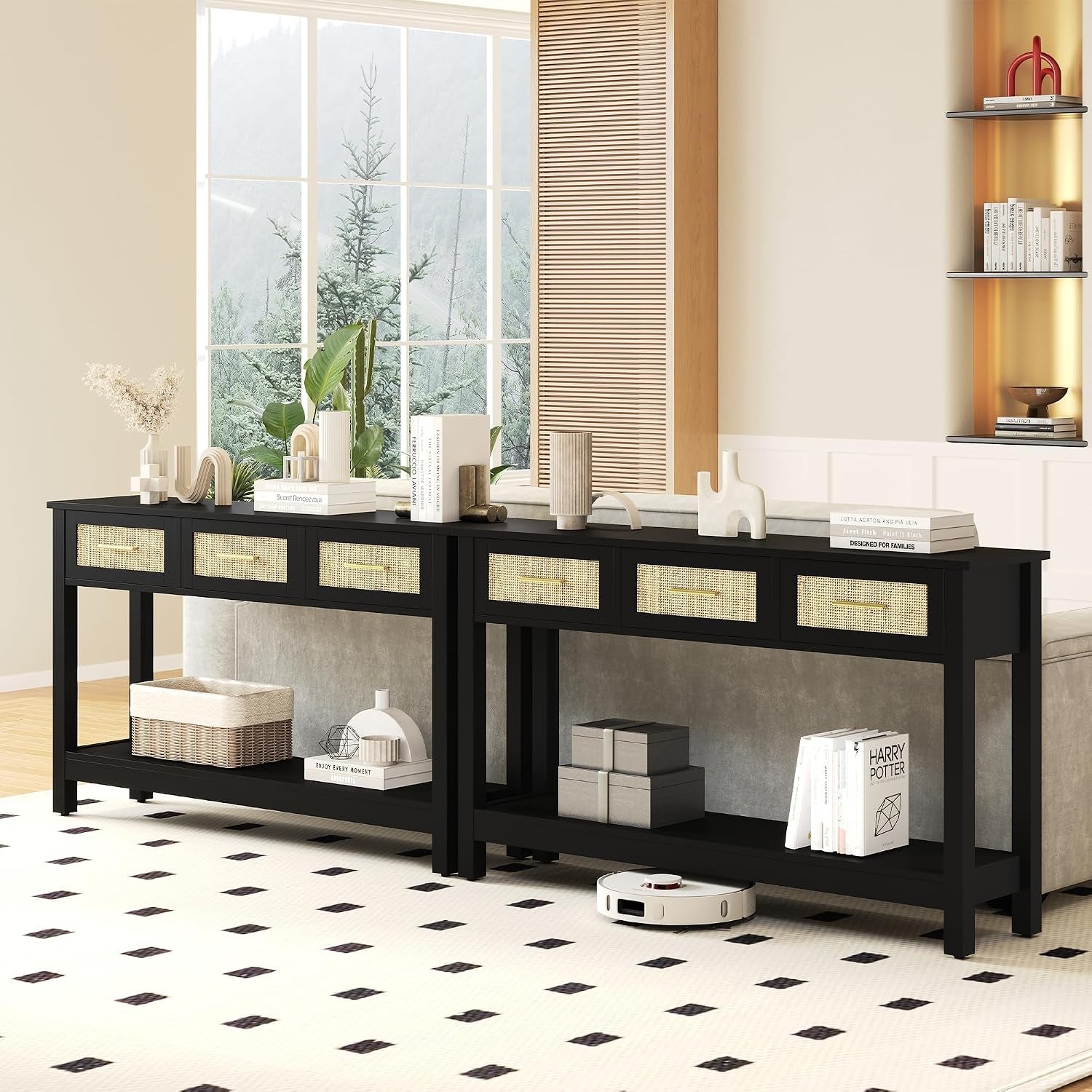 Black Rattan Console Table with Three Drawers - Modern Narrow Entryway Sofa Table for Living Room, Hallway, and Foyer Storage Decor