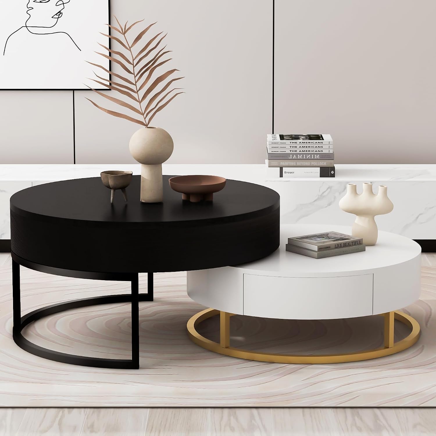 Lift-Top Nesting Coffee Table with Hidden Drawers and Adjustable Storage Shelf, Contemporary Living Room Furniture