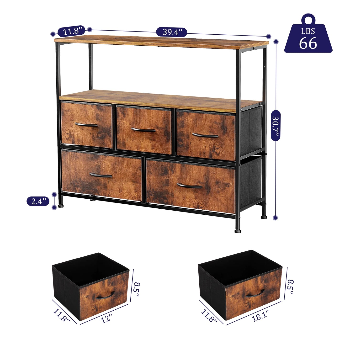 Dresser TV Stand, Entertainment Center with Fabric Drawers, Media Console Table with Open Shelves for TV up to 45 Inch for Bedroom, Living Room, Entryway, Rustic Brown