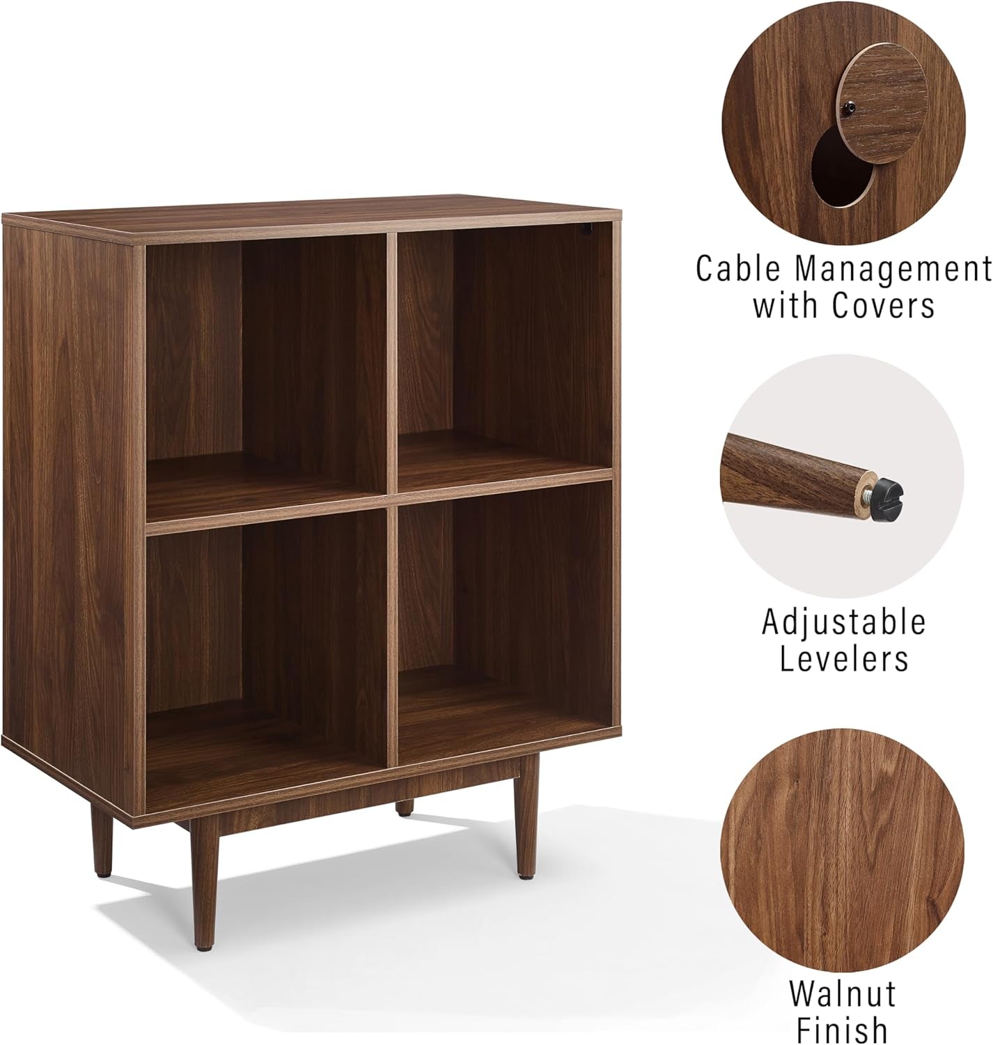 Liam Mid-Century Modern Vinyl Record Storage Media Stand with 4 Cubes, Walnut Finish