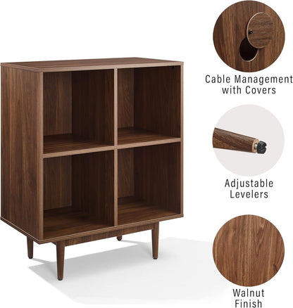 Liam Mid-Century Modern Vinyl Record Storage Media Stand with 4 Cubes, Walnut Finish