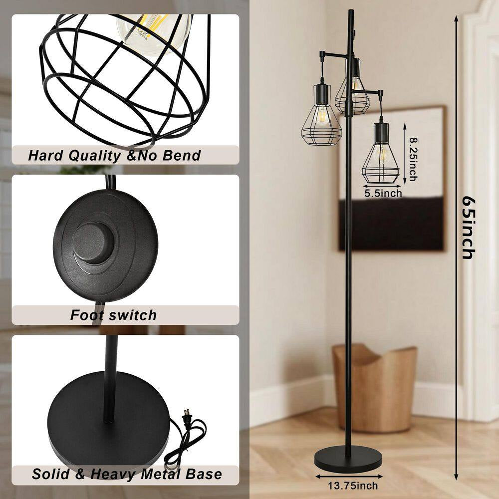 65-Inch 3-Light Black Farmhouse Industrial Tree Floor Lamp with Elegant Cage Shades