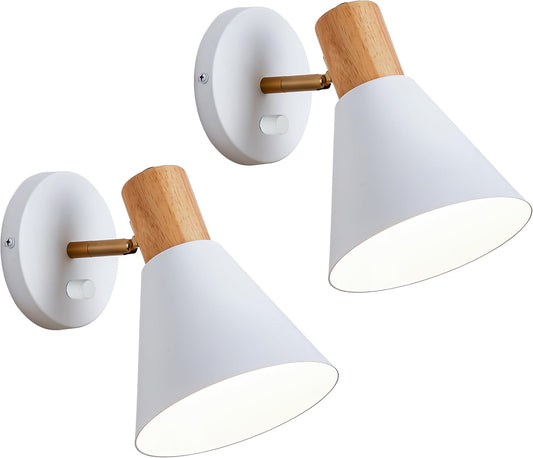 Wall Sconces Lighting Set of 2 for Bedroom, White Adjustable Wood Style Wall Sconce Reading Lamp, Wall Light for Bedroom Hallway Living Room (White-Hardwired, 2)