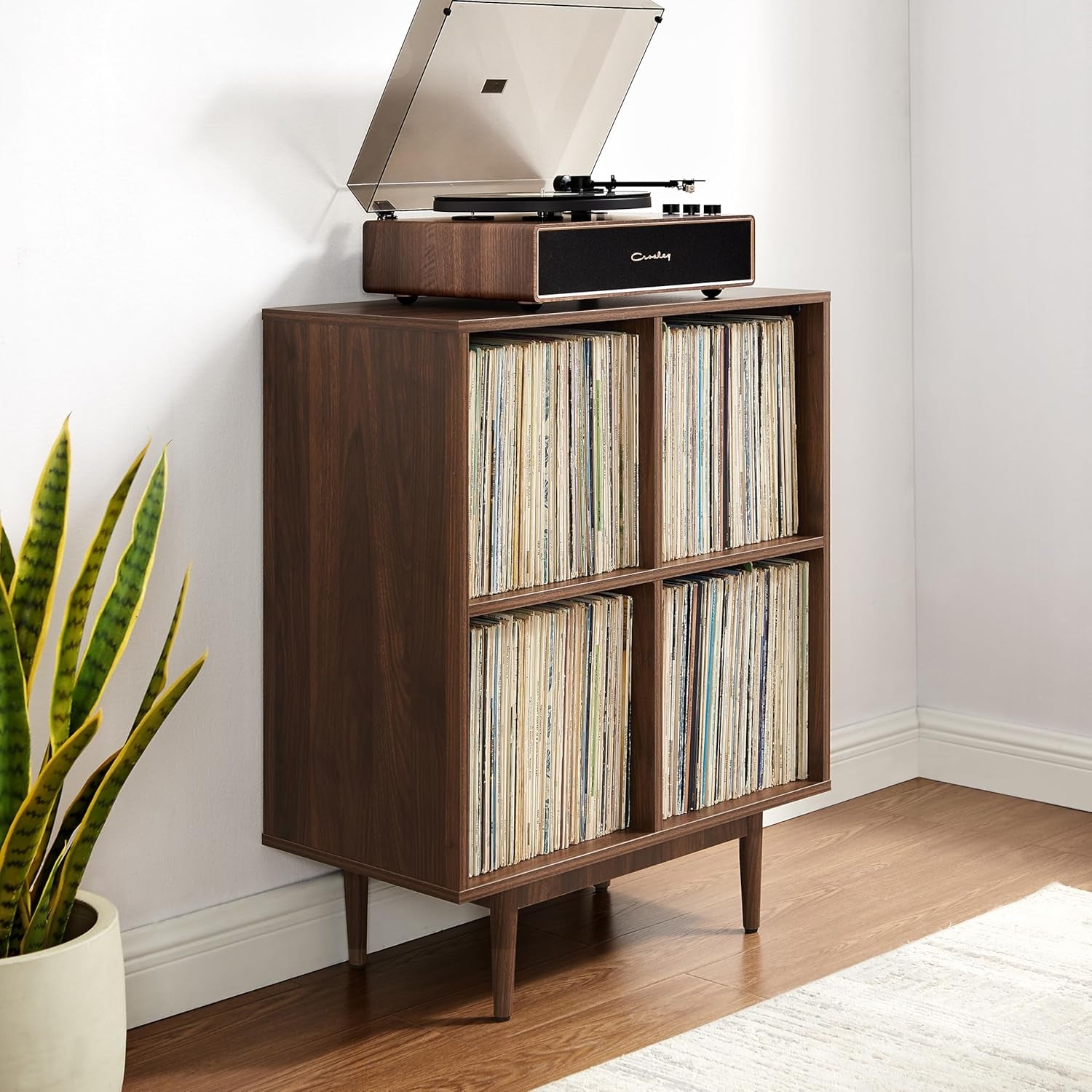 Liam Mid-Century Modern Vinyl Record Storage Media Stand with 4 Cubes, Walnut Finish