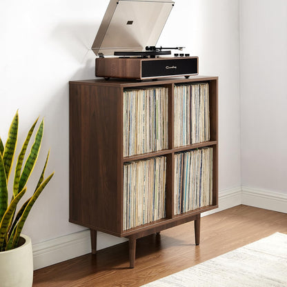 Liam Mid-Century Modern Vinyl Record Storage Media Stand with 4 Cubes, Walnut Finish