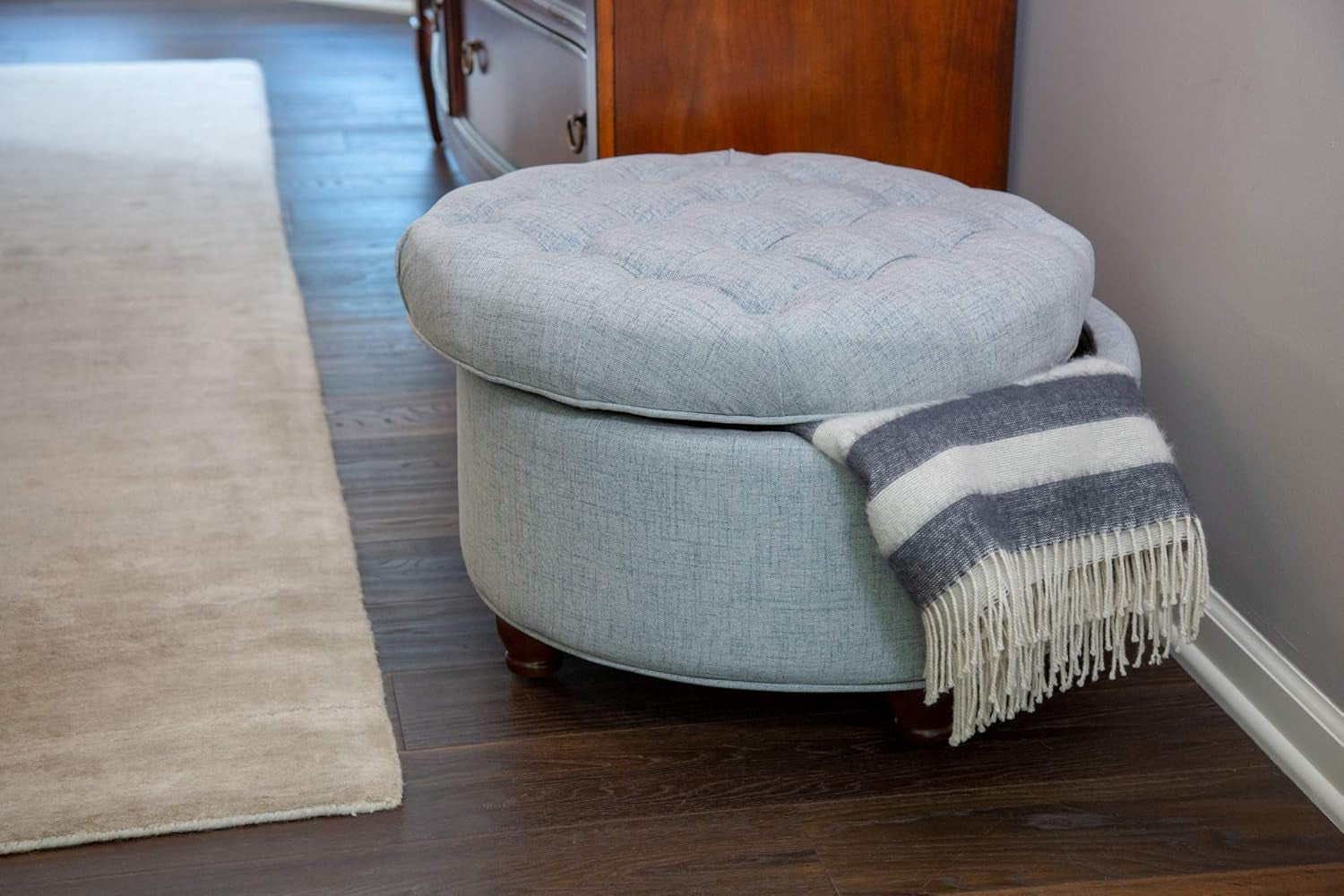 25" Button Tufted round Storage Ottoman - Light Blue