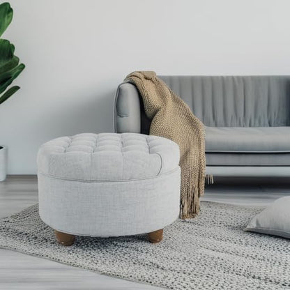 25" Button Tufted round Storage Ottoman - Light Blue