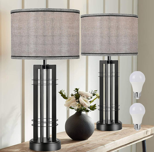 27In Tall Table Lamps for Living Room Button Control Farmhouse Rustic Table Lamps Set of 2 Sidetable Lamps Black&Grey Bedroom Lamps for Bedside Nightstand End Table 2025 New