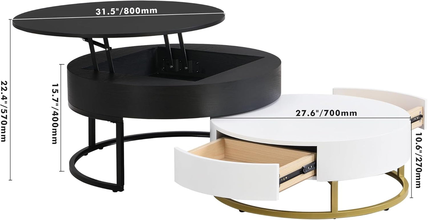 Lift-Top Nesting Coffee Table with Hidden Drawers and Adjustable Storage Shelf, Contemporary Living Room Furniture