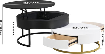 Lift-Top Nesting Coffee Table with Hidden Drawers and Adjustable Storage Shelf, Contemporary Living Room Furniture