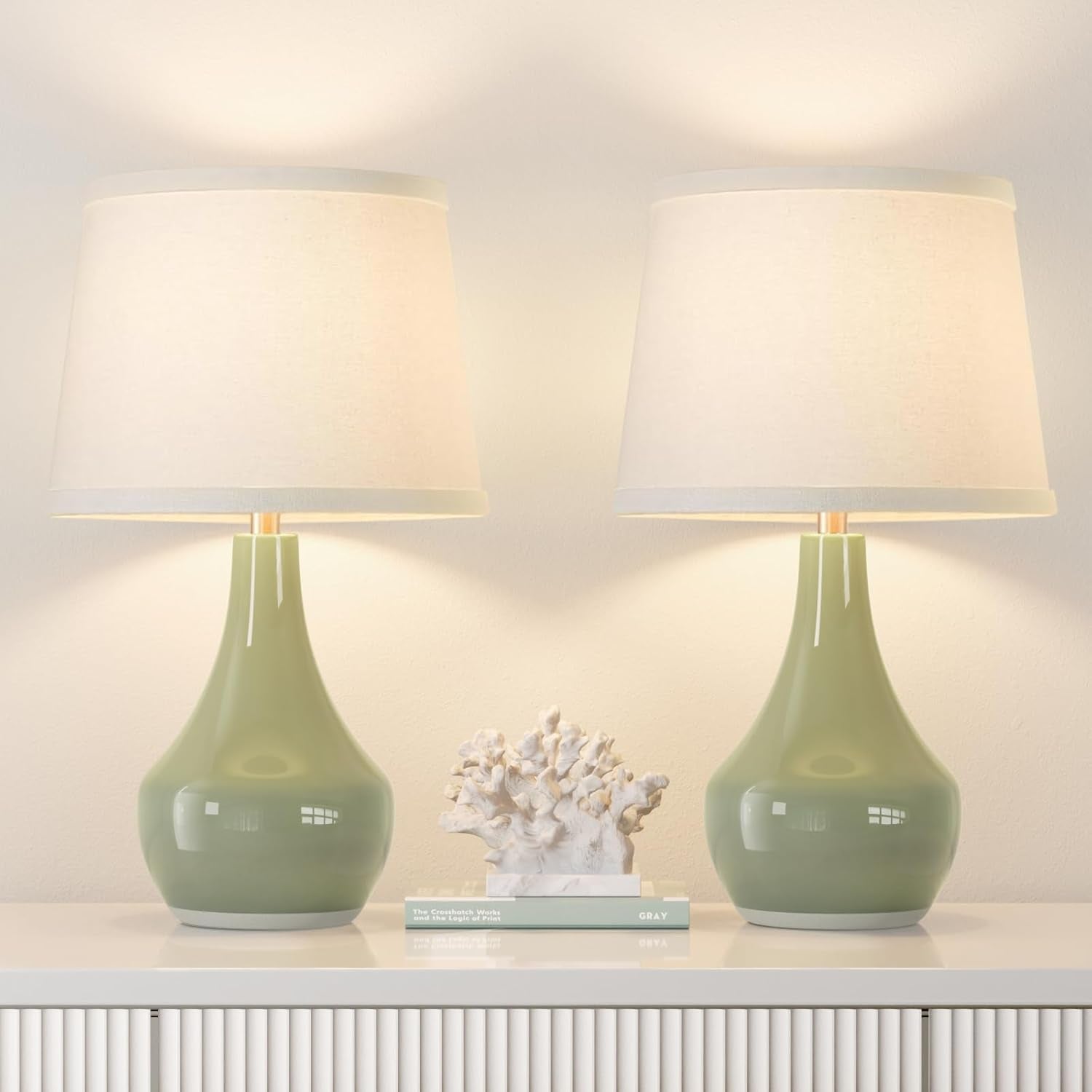 Modern Green Table Lamps Set of 2 - Bedside Lamps for Night Stands, 19.4" Bedroom Lamps for Living Room Sage Green Lamps with Rocker Switch