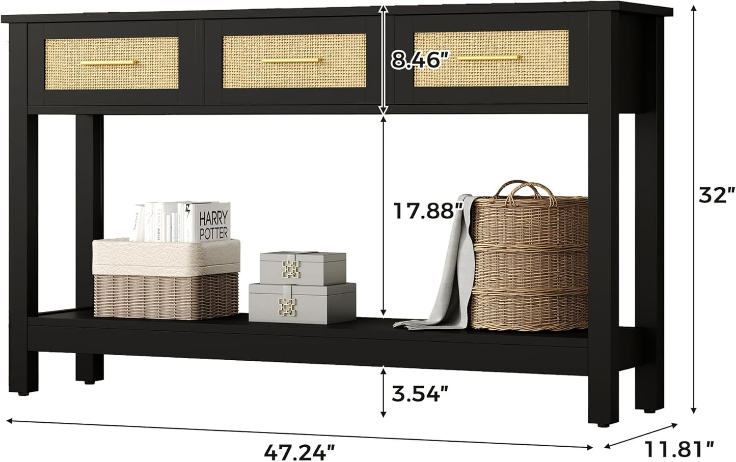 Black Rattan Console Table with Three Drawers - Modern Narrow Entryway Sofa Table for Living Room, Hallway, and Foyer Storage Decor