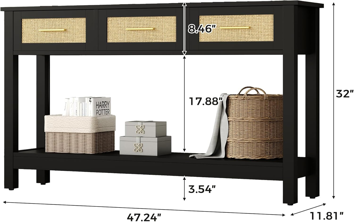 Black Rattan Console Table with Three Drawers - Modern Narrow Entryway Sofa Table for Living Room, Hallway, and Foyer Storage Decor