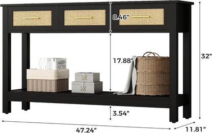 Black Rattan Console Table with Three Drawers - Modern Narrow Entryway Sofa Table for Living Room, Hallway, and Foyer Storage Decor