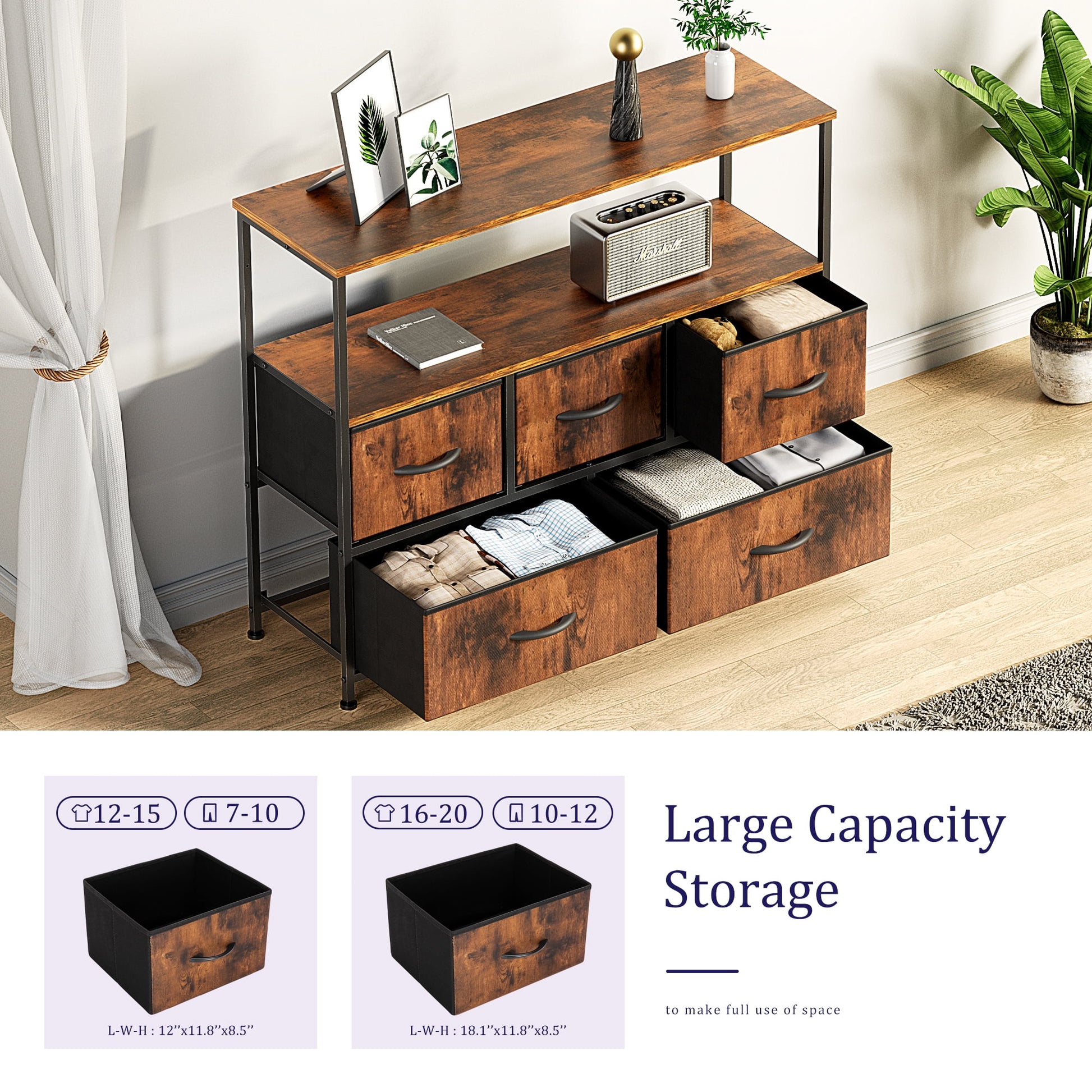 Dresser TV Stand, Entertainment Center with Fabric Drawers, Media Console Table with Open Shelves for TV up to 45 Inch for Bedroom, Living Room, Entryway, Rustic Brown