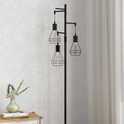 65-Inch 3-Light Black Farmhouse Industrial Tree Floor Lamp with Elegant Cage Shades