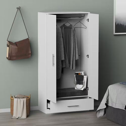 White 2-Door Wardrobe Armoire with Drawer and Hanging Rod, Dimensions: 66.9" H x 31.5" W x 18.9" D