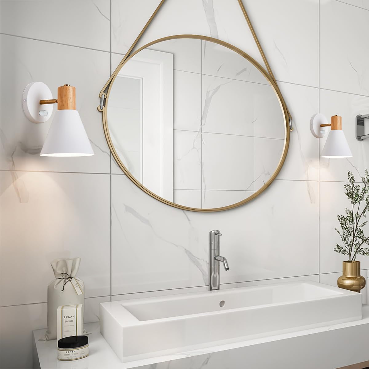 Wall Sconces Lighting Set of 2 for Bedroom, White Adjustable Wood Style Wall Sconce Reading Lamp, Wall Light for Bedroom Hallway Living Room (White-Hardwired, 2)